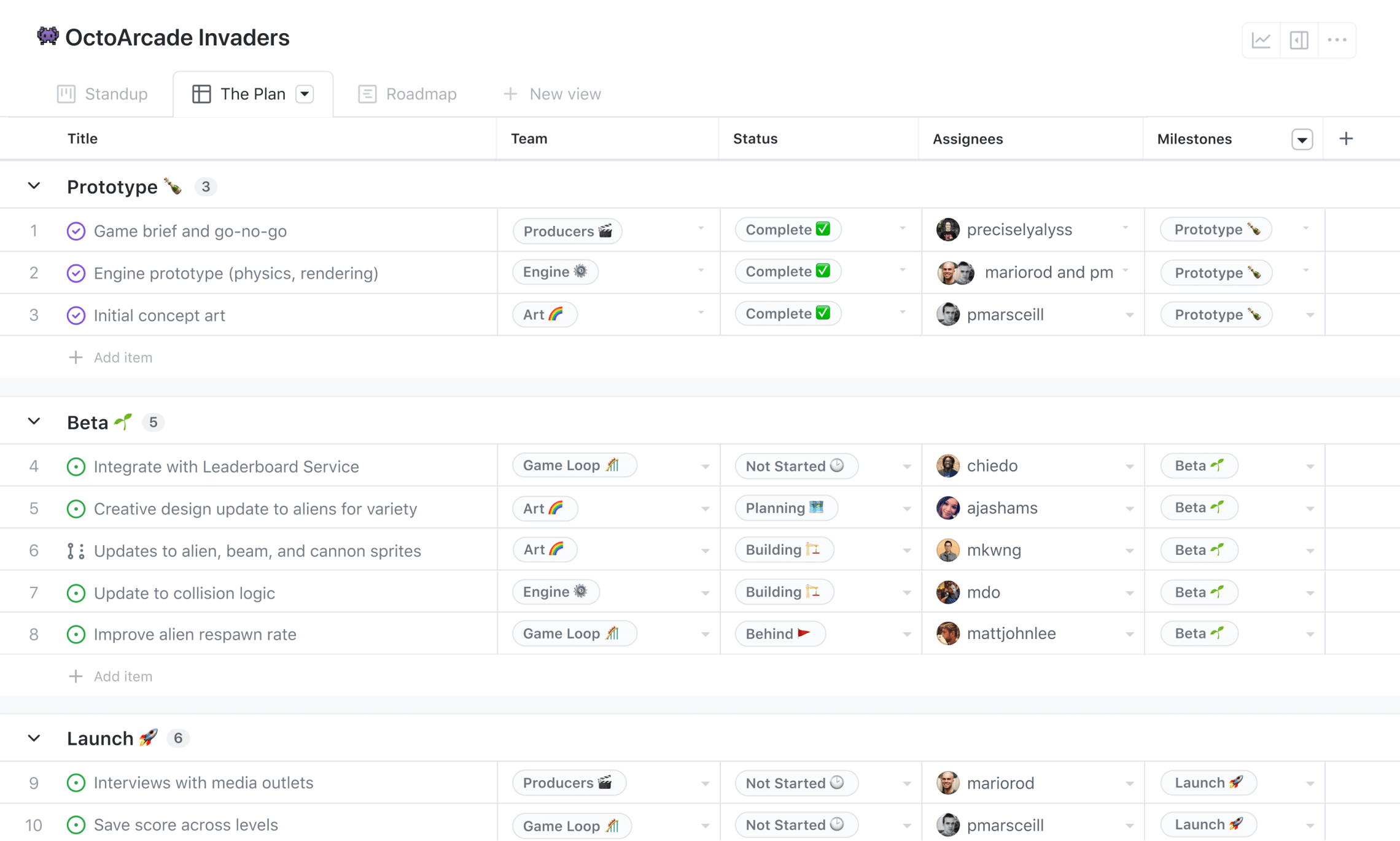 Illustration of project table view with cards grouped sorted by devleopment 'Area' custom field.